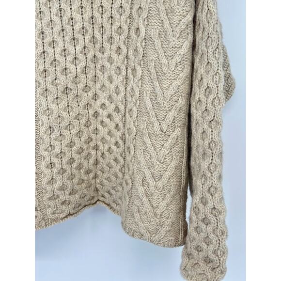 Inis Crafts Sweater Womens M Tan Wool Turtleneck Cable Knit Ireland Fisherman - Picture 3 of 7